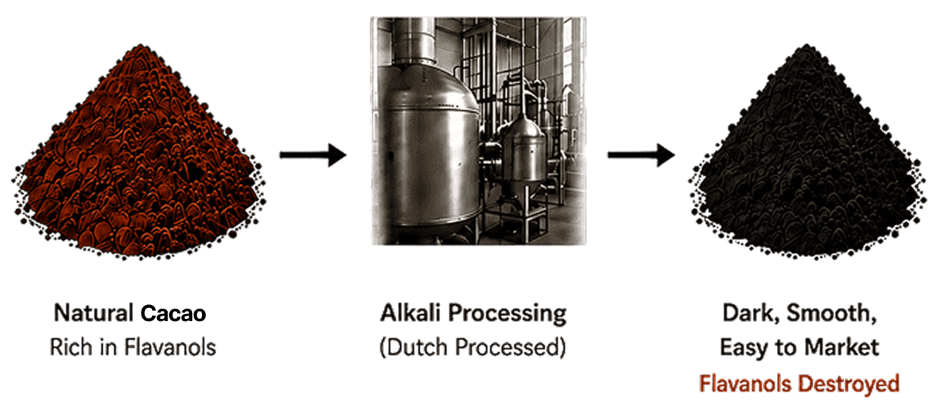 Natural cacao, alkali processing, and loss of flavanols