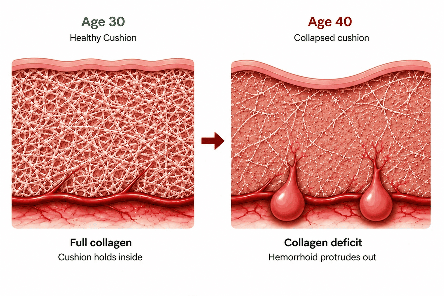 Healthy collagen at age 30 and collagen deficit at age 40