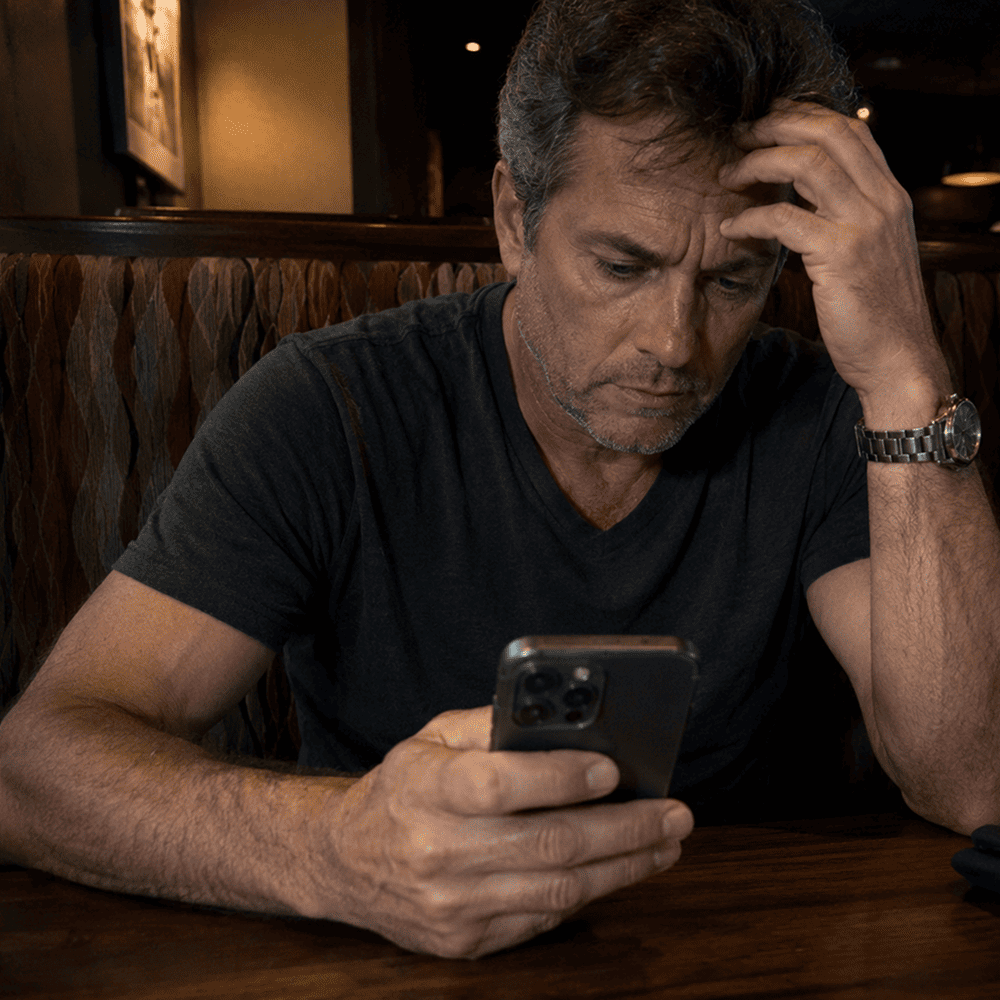 A man looking at his phone in a restaurant booth